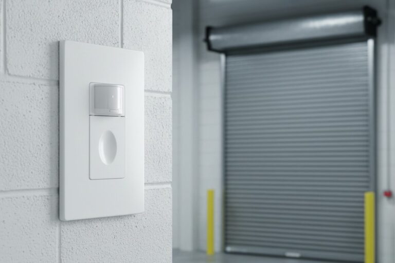 A white motion sensor is mounted on a cinder block wall inside a warehouse, aimed directly at a large, closed, corrugated metal loading dock door in the background.