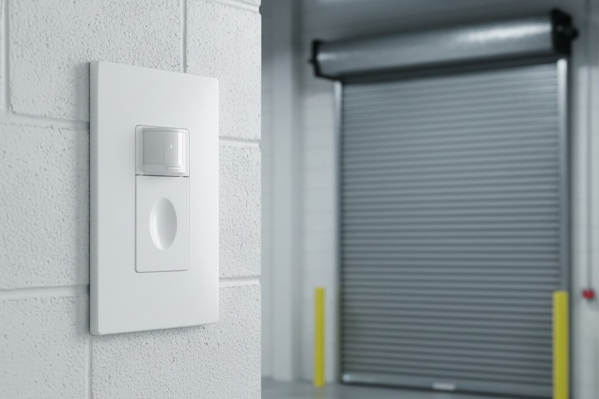A white motion sensor is mounted on a cinder block wall inside a warehouse, aimed directly at a large, closed, corrugated metal loading dock door in the background.