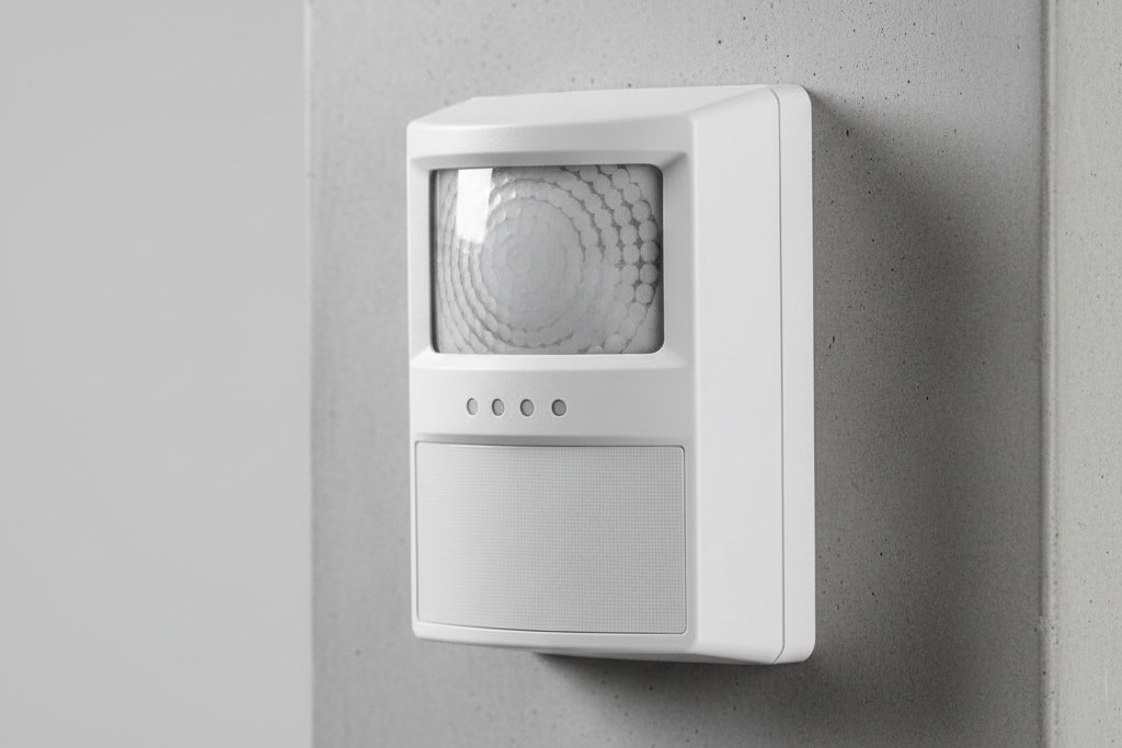 Um close-up de um sensor de movimento de dupla tecnologia de grau industrial branco, montado na parede de concreto de um armazém, mostrando sua lente facetada.