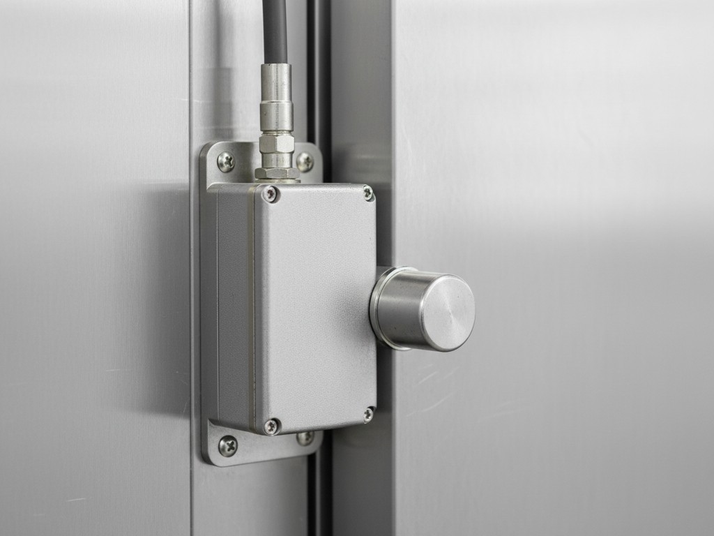 Industriële magneetschakelaar voor deuren Een zware magneetschakelaar is gemonteerd op het metalen frame van een winkelkoelersdeur. Eén deel zit op de deur, het andere op het frame.