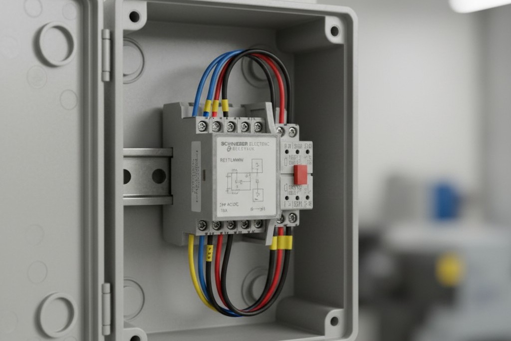 Industrial Relay for High-Voltage Isolation An enclosed industrial control relay, also known as a 'Relay in a Box', mounted to a wall with low and high voltage wires correctly connected.