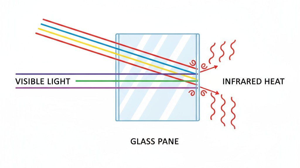 Diagrama que muestra cómo el vidrio bloquea la luz infrarroja Un diagrama que ilustra que la luz visible pasa a través de un panel de ventana de vidrio, mientras que la luz infrarroja de una persona se bloquea.