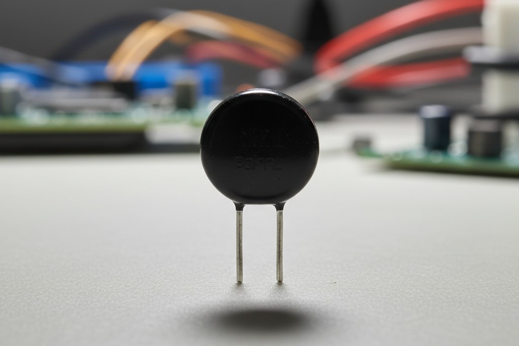 An NTC Inrush Current Limiter A small, black, disc-shaped electronic component with two wire leads, which is an inrush current limiter, is held up against a neutral background.