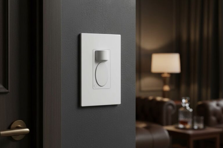 Saklar timer hitung mundur putih terpasang di dinding abu-abu gelap bertekstur di samping bingkai pintu kayu gelap dalam ruangan yang canggih dan remang-remang.