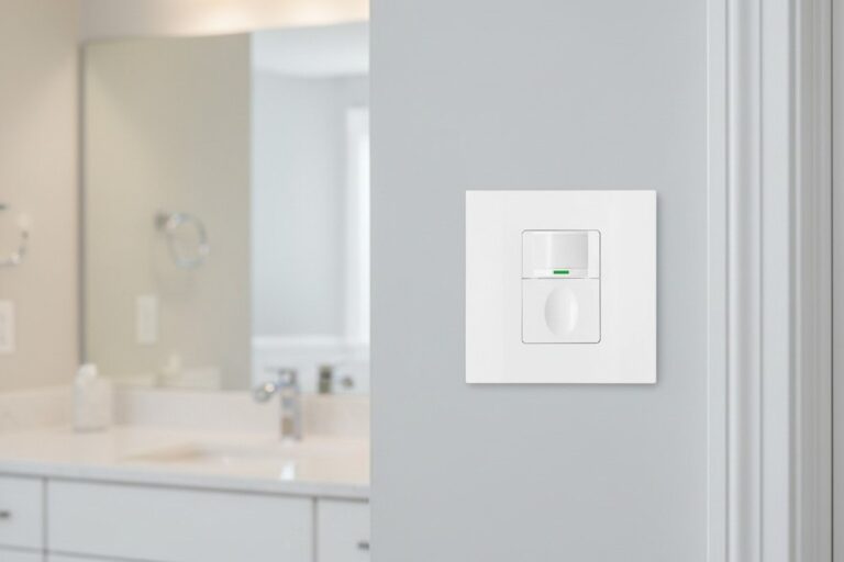 A white vacancy sensor switch is neatly installed on a light gray wall next to a door frame in a clean, modern bathroom with a vanity blurred in the background.