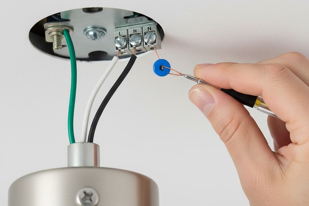 Un primer plano de un condensador de derivación conectado en paralelo con una lámpara para resolver problemas de parpadeo en LEDs.