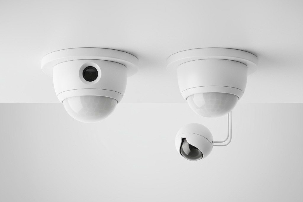 Una comparación lado a lado de un sensor de ocupación todo en uno con una fotocélula incorporada y un sistema con un sensor de movimiento separado y una fotocélula externa.