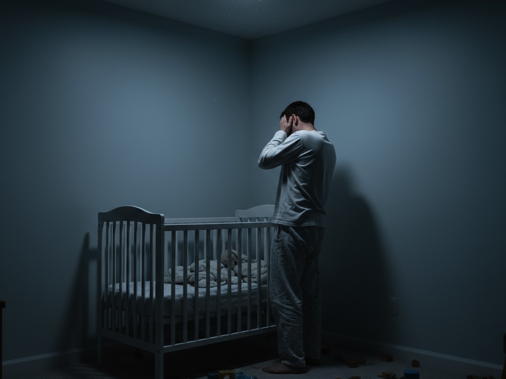 Rušivý oslnivý efekt standardního nočního osvětlení dětského pokoje v noci Tmavý dětský pokoj najednou zaplaví ostré, jasné stropní světlo, ukazující rodiče přivřenýma očima u postýlky