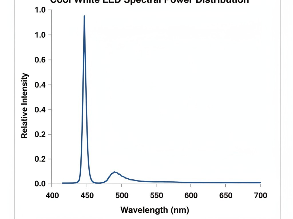 Een lijngrafiek toont het spectrale vermogen van een LED, met een hoge, scherpe piek in het blauwe golflengtebereik rond 450 nanometer en een bredere curve in het groen-geel bereik.
