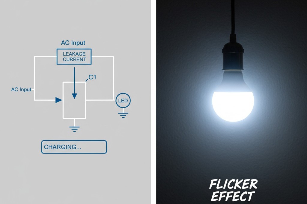 Un diagrama que explica cómo la corriente de fuga carga el condensador de un controlador LED, causando que la bombilla parpadee.