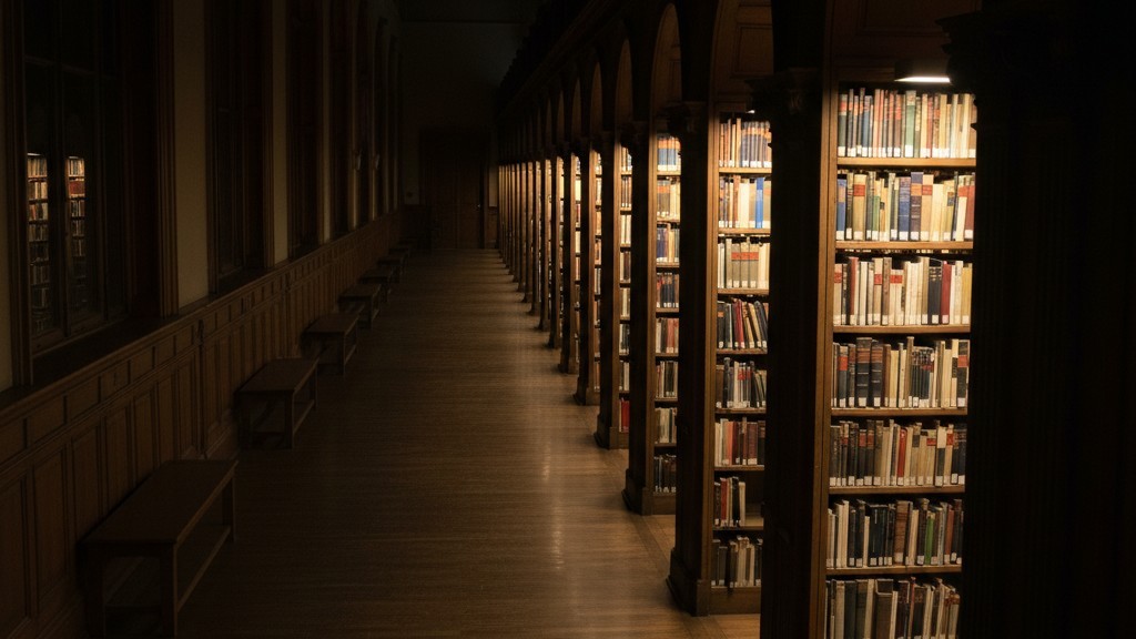 Cascading Light Activation in Library Aisles A long, dark library corridor at night, where rows of empty aisles are lit up sequentially, creating a wasteful and distracting runway of light.