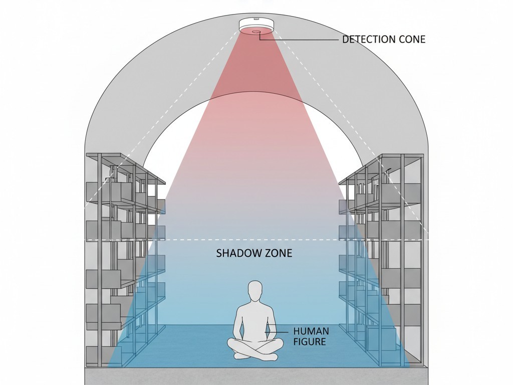 Motion Sensor Coverage Blind Spot in Library Stacks A diagram showing how a ceiling-mounted motion sensor's cone of detection is blocked by the top shelf in a narrow library aisle, creating a large shadow zone below.