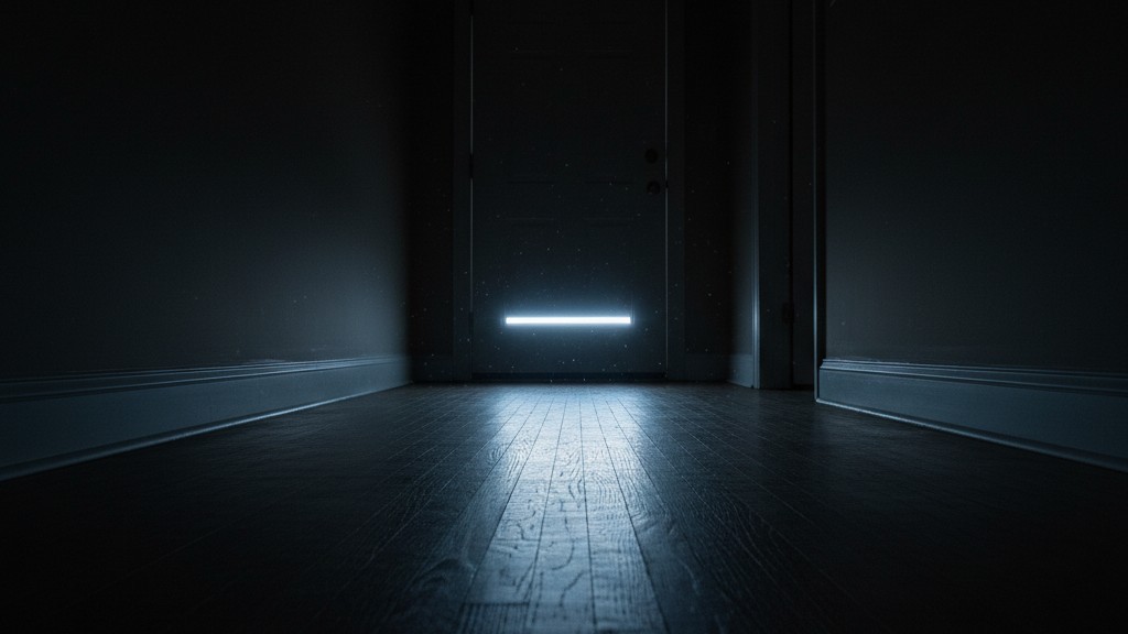 Bright Light Leaking Under a Bathroom Door at Night A sliver of harsh, cool light shines from the gap beneath a closed door, illuminating the floor of a dark hallway.