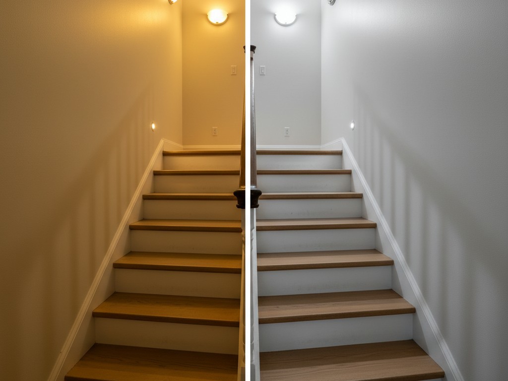 Een gesplitste afbeelding toont dezelfde trap. Aan de linkerkant is het donker met warm geel licht, terwijl de rechterkant helder is met schoon wit licht, waardoor beter zicht wordt geboden.