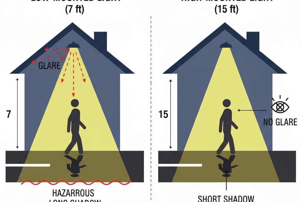 Effekt af monteringshøjde på lysvinkel og skygger Et diagram, der kontrasterer et lavt monteret lys, der skaber lange skygger, med et højt monteret lys, der kaster lys nedad og skaber korte skygger.