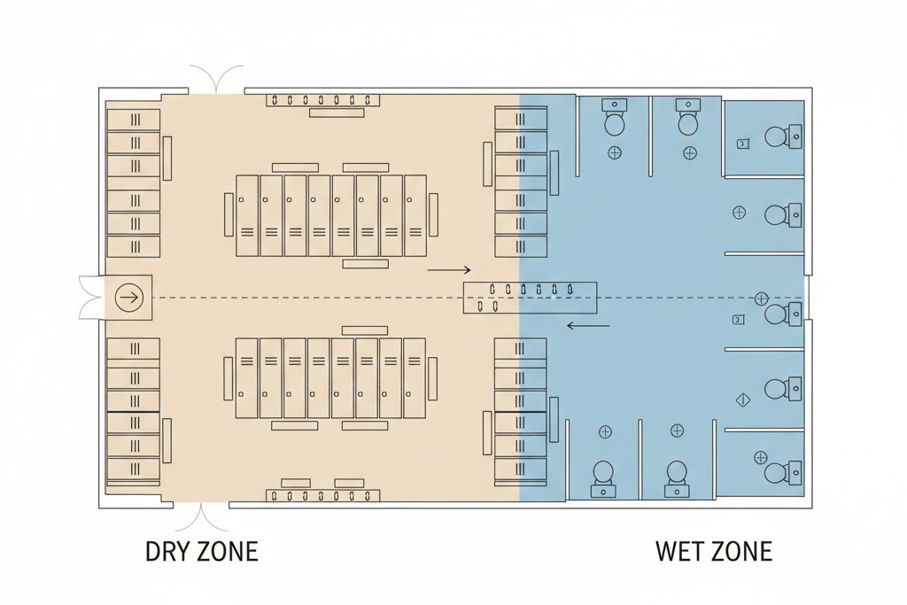 ผังโซนล็อกเกอร์สำหรับการควบคุมการเข้าใช้งาน แผนผังพื้นฐานของห้องล็อกเกอร์ที่แบ่งออกเป็นโซนแห้งสำหรับเก็บของและโซนเปียกสำหรับฝักบัว เพื่อการควบคุมโซน