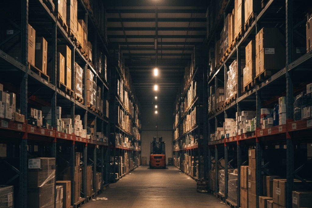 Een lange magazijngang met inconsistente verlichting Een lange, hoge magazijngang met industrieel rekken, waarbij de plafondlichten slechts gedeeltelijk aanstaan, waardoor donkere, gevaarlijke zones in de verte ontstaan.