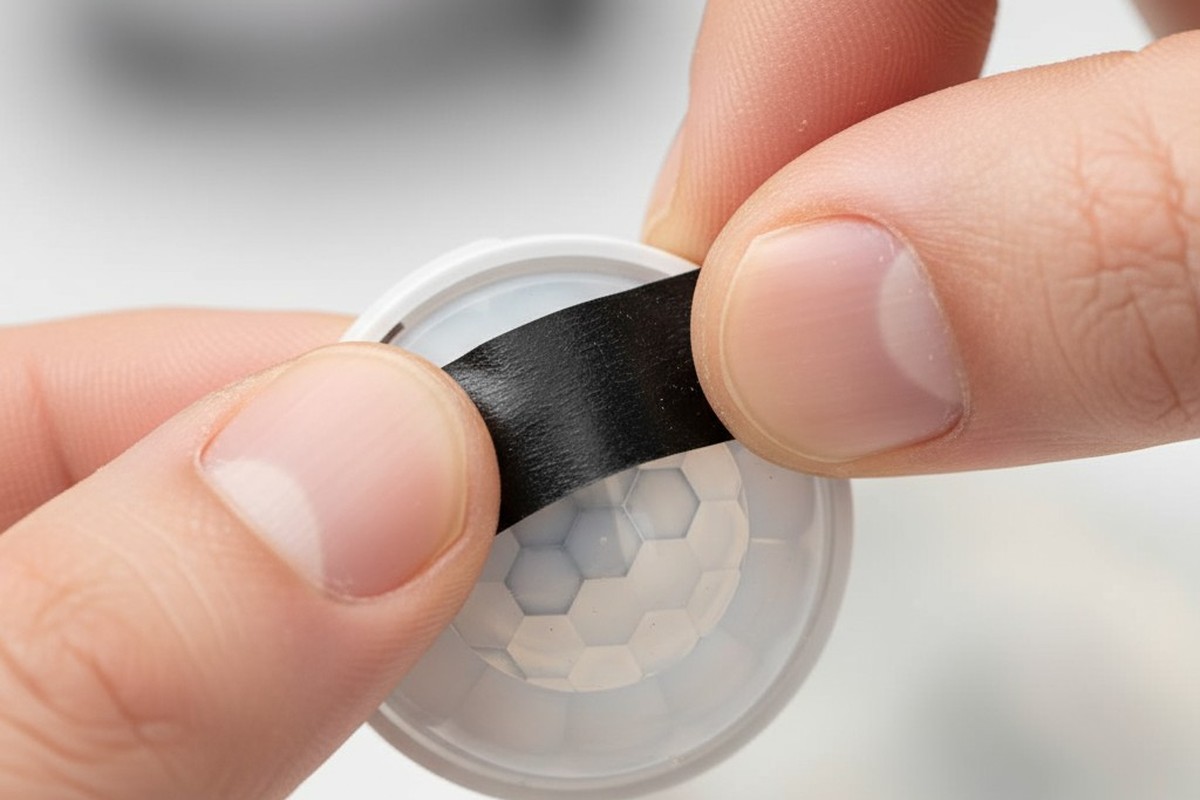 Μία κοντινή εικόνα δείχνει άκρες δαχτύλων που εφαρμόζουν ένα μικρό κομμάτι μαύρης ηλεκτρικής ταινίας σε ένα συγκεκριμένο τμήμα του φακού Fresnel ενός αισθητήρα κίνησης.