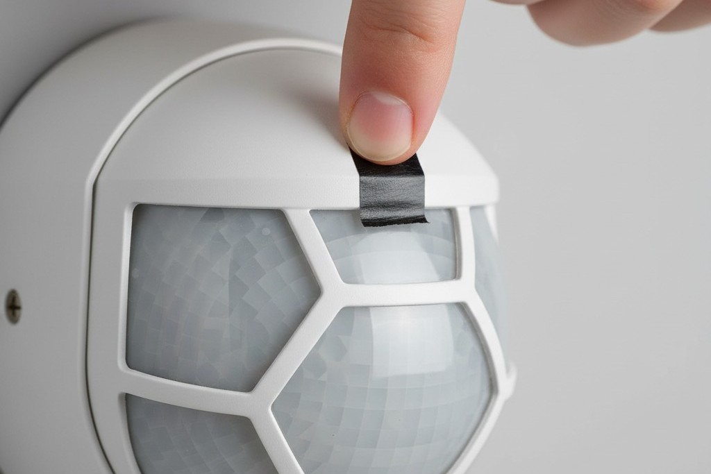 Masking a PIR Sensor with Tape A close-up view of a person's fingers applying a small piece of black electrical tape to a segment of the white plastic lens of a motion sensor.