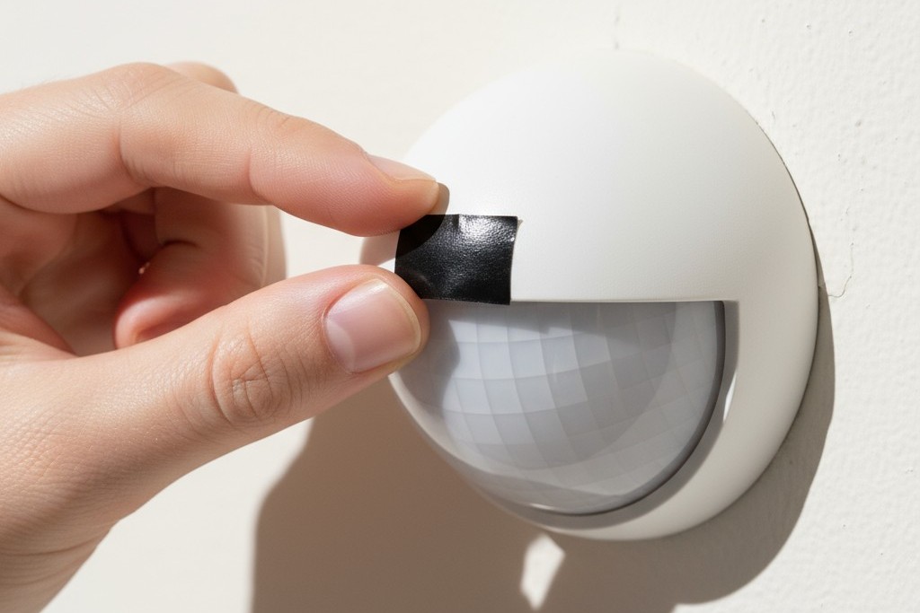 การใช้เทปอิเล็กทรอนิกส์เพื่อปิดบังมุมมองของเซ็นเซอร์ ภาพโคลสอัปของนิ้วมือที่วางแผ่นเทปดำเล็กๆ บนมุมหนึ่งของเลนส์ทรงโดมสีขาวของเซ็นเซอร์การเคลื่อนไหว