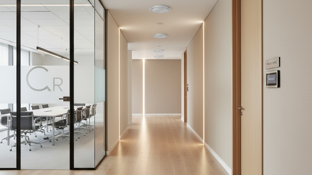 Tavan Sensörleri ile Modern Ofis Koridoru Birçok kapıya ve göze çarpmayan dairesel hareket sensörlerine sahip, temiz ve iyi aydınlatılmış bir çağdaş ofis binası koridoru.