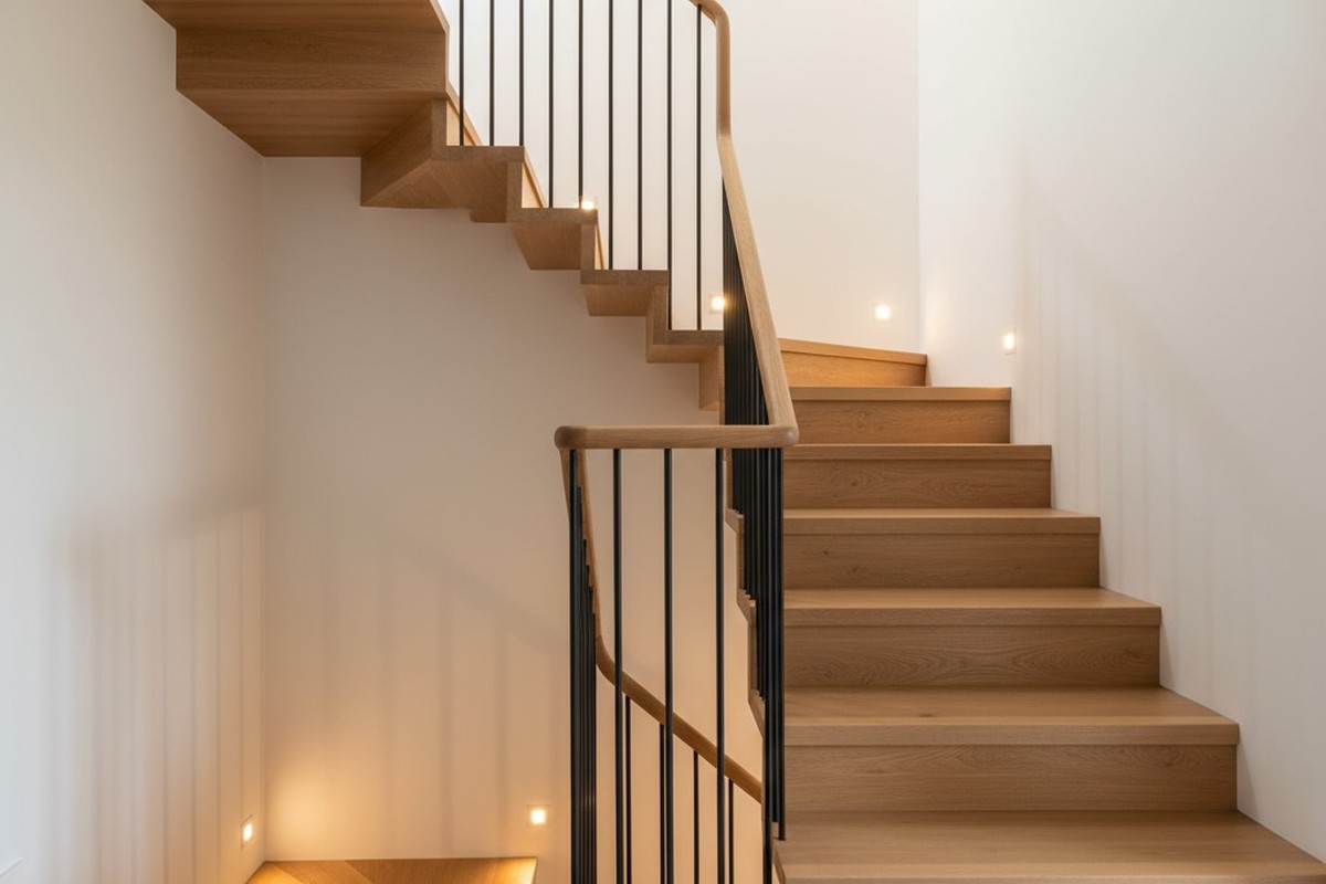 Μία φωτογραφία με χαμηλή γωνία που κοιτάζει προς τα πάνω σε μια L-σχήμα σκάλα με ξύλινες επιφάνειες, ένα ταιριαστό χερούλι και λεπτούς μαύρους ατσάλινους στύλους, απέναντι σε έναν καθαρό, εκτός λευκού τοίχο.