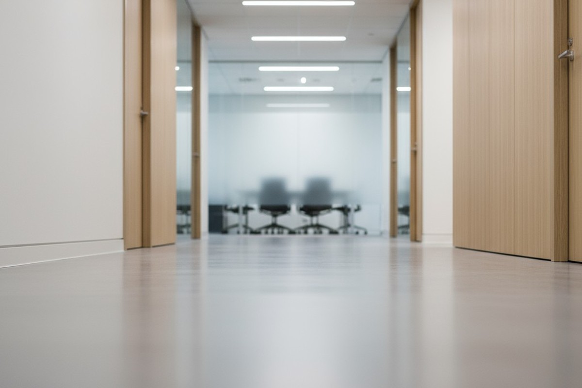 Una vista desde un ángulo bajo de un pasillo de oficina moderna brillante y vacío, con un piso de concreto pulido y luces lineales LED empotradas en el techo, con un fondo suavemente borroso.