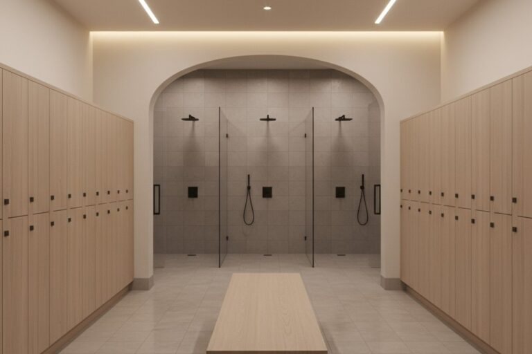 ห้องล็อกเกอร์ระดับไฮเอนด์ว่างเปล่าที่มีแถวล็อกเกอร์ไม้ลามิเนตแบบมินิมัลลิสต์ ม้านั่งกลาง และพื้นที่อาบน้ำที่ปูกระเบื้องซึ่งมองเห็นในพื้นหลัง