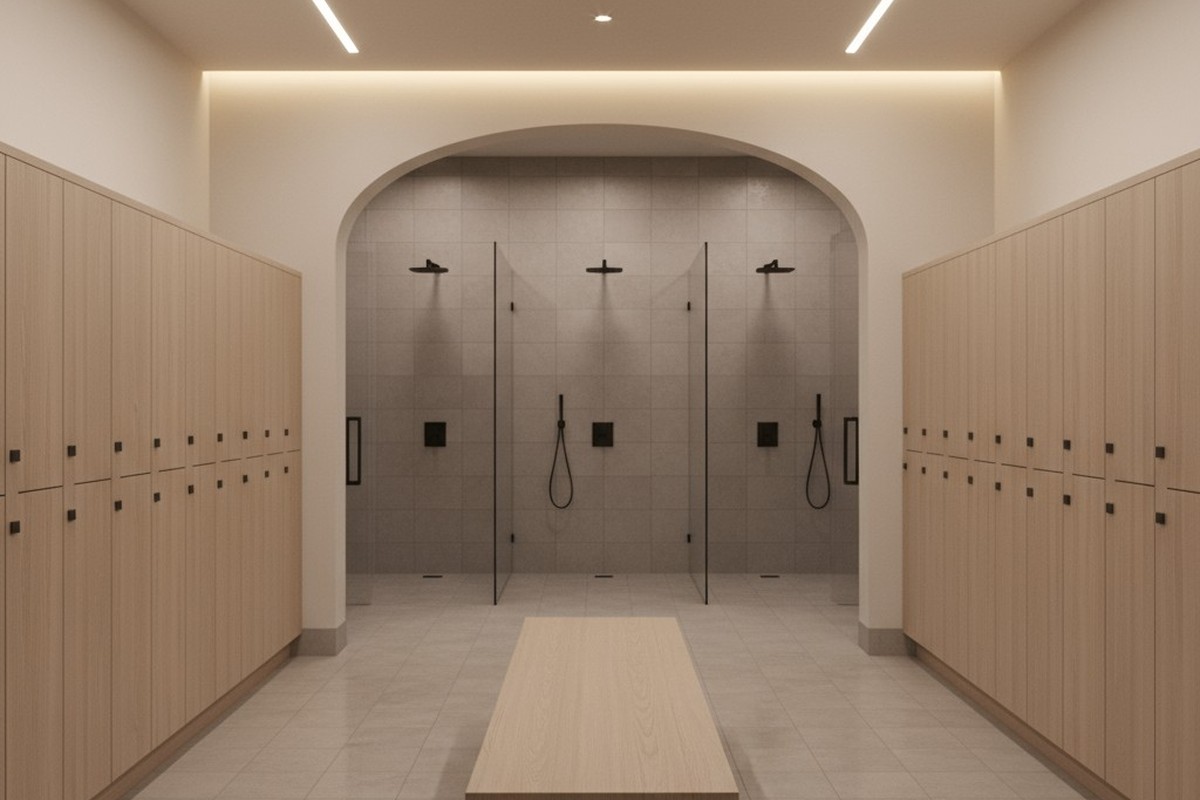 ห้องล็อกเกอร์ระดับไฮเอนด์ว่างเปล่าที่มีแถวล็อกเกอร์ไม้ลามิเนตแบบมินิมัลลิสต์ ม้านั่งกลาง และพื้นที่อาบน้ำที่ปูกระเบื้องซึ่งมองเห็นในพื้นหลัง