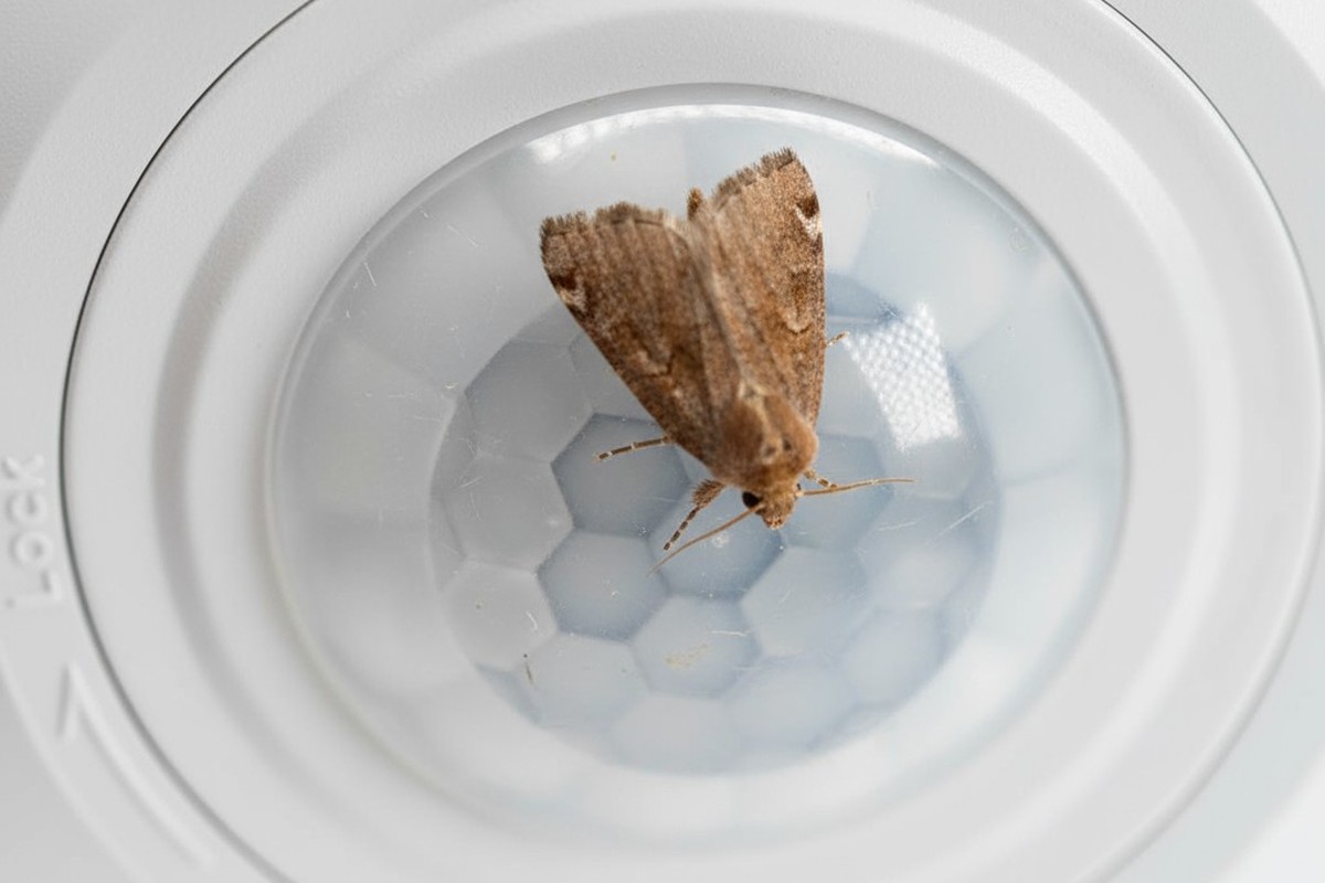 Uma foto macro de Close-up extremo de uma pequena mariposa marrom rastejando na lente segmentada e domada de um sensor de movimento branco.