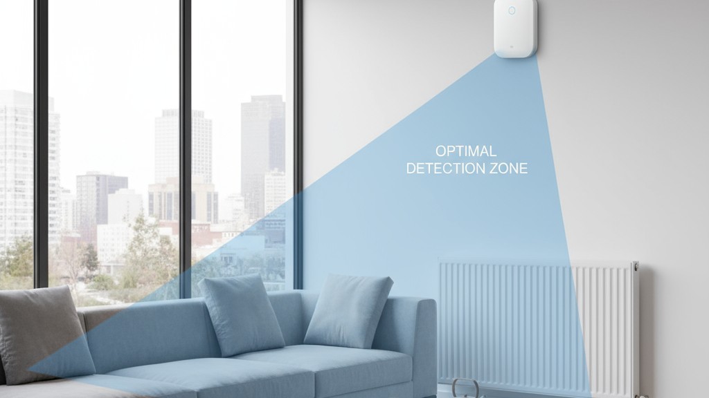 壁に設置されたモーションコントローラーのイラストで、その円錐形の検出範囲が部屋の主要な活動スペースをカバーしています。