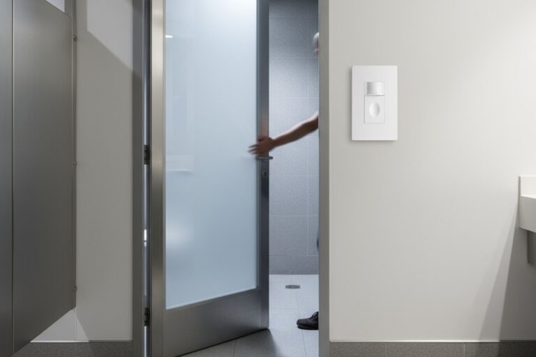 A person's hand opens a restroom door, and a motion sensor on the adjacent wall has just activated the overhead light, illuminating the tiled room.