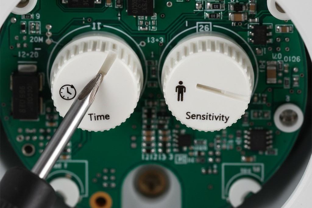 Ajustando o Tempo de Atraso do Sensor e Configurações de Sensibilidade Uma fotografia em close-up dos controles de ajuste de um sensor de ocupação, mostrando os pequenos botões e chaves de alavanca para atraso de tempo e sensibilidade.