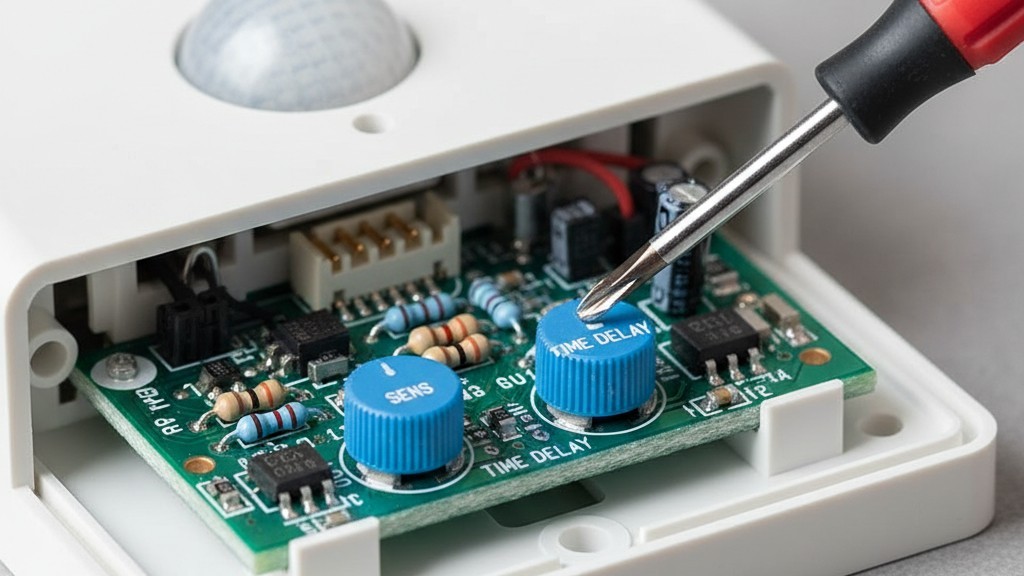 Ajustando as configurações de um sensor de movimento Uma macro de um sensor de movimento com sua tampa removida, revelando os pequenos botões usados para ajustar sensibilidade e atraso de tempo.