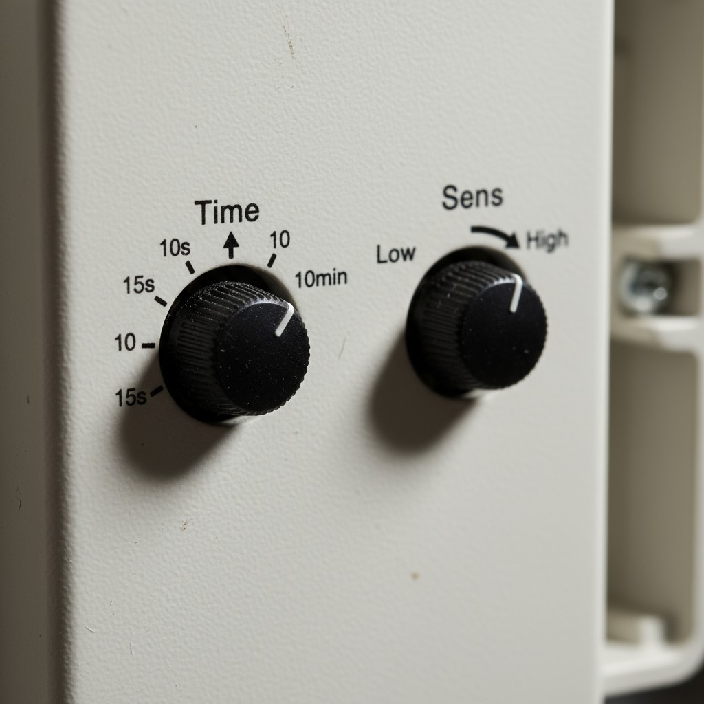 Adjusting Motion Sensor Timeout and Sensitivity Settings A close-up view of the back of a motion sensor switch, showing the small dials used to adjust time delay and sensitivity.