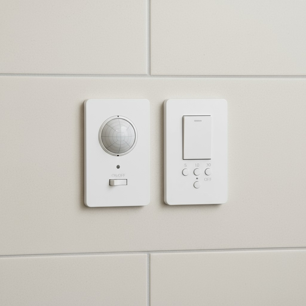 Motion Sensor and Fan Timer Switches Side-by-Side A modern motion sensor light switch installed next to a bathroom fan timer switch on a clean, tiled wall.