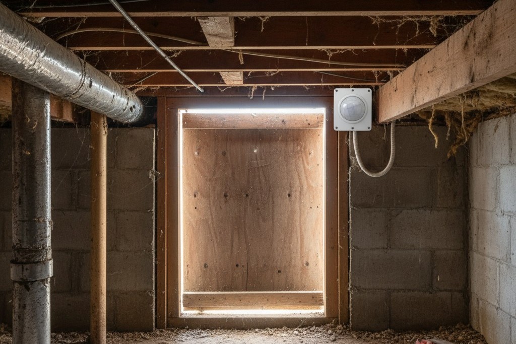 A white motion sensor is mounted on a wooden joist near a crawl space entrance, with a clear line of sight to the opening.