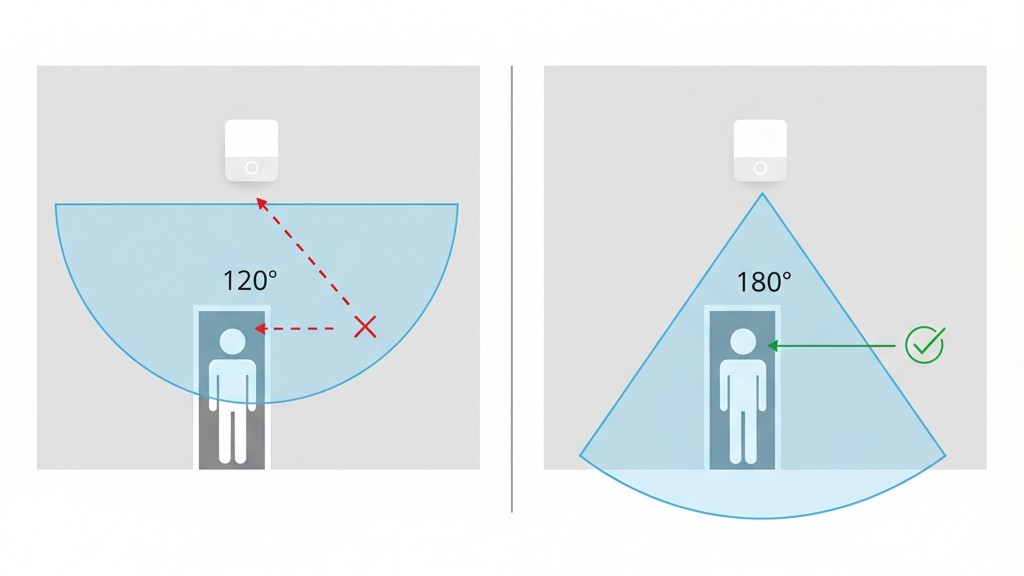 Comparação do Campo de Visão do Sensor de Movimento Um diagrama comparando dois sensores em um corredor. Um possui um cone de detecção estreito de 120 graus, criando um ponto cego, enquanto o outro mostra um cone completo de 180 graus.