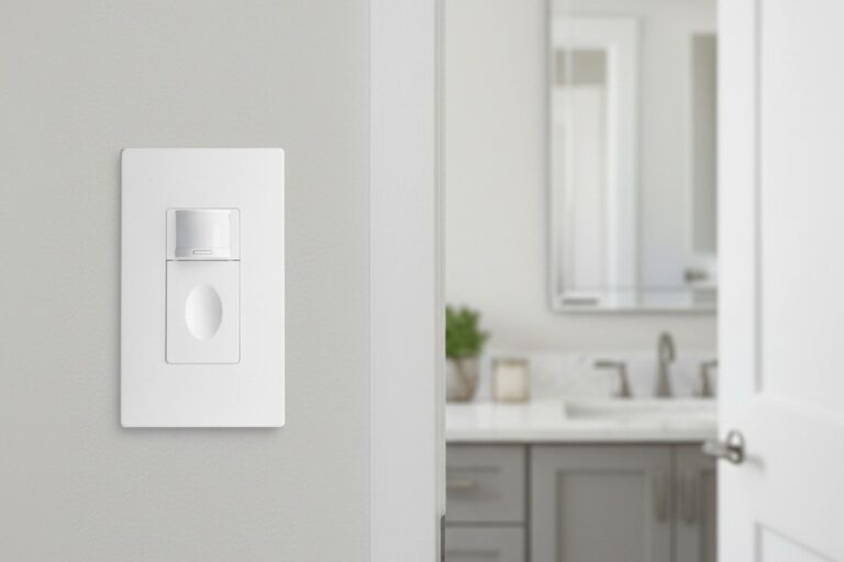 Saklar lampu sensor gerak putih terpasang di dinding abu-abu muda di samping bingkai pintu, dengan wastafel dan cermin kamar mandi yang lembut difokuskan di latar belakang.