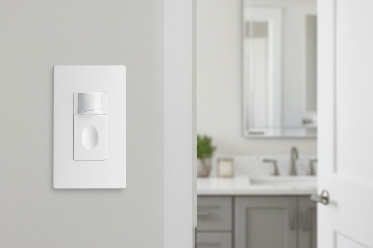 Saklar lampu sensor gerak putih terpasang di dinding abu-abu muda di samping bingkai pintu, dengan wastafel dan cermin kamar mandi yang lembut difokuskan di latar belakang.