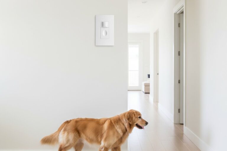 يُركب حساس حركة أبيض عالياً على حائط ممر، بينما يسير لطيف ذهبي على الأرض أدناه بهدوء، غير مكتشف ضمن المنطقة العمياء للحساس.