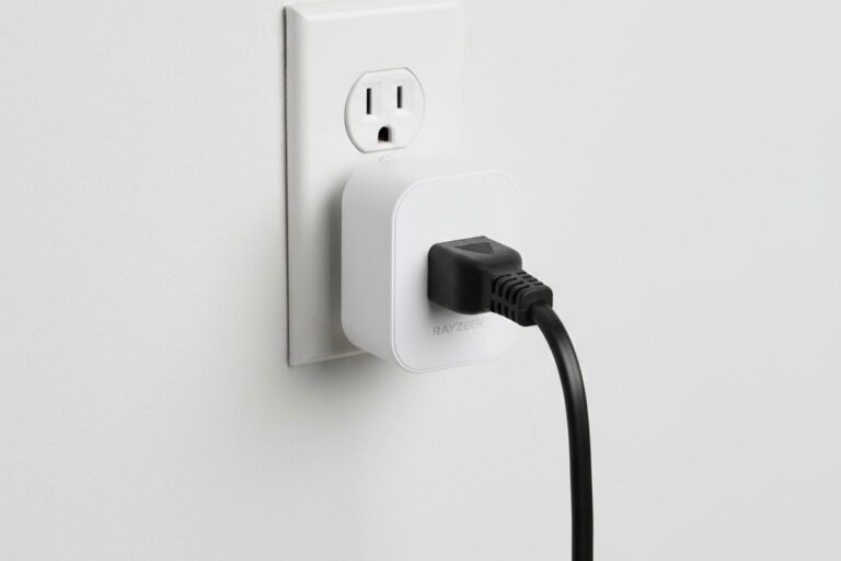 Un primer plano de un enchufe sensor de movimiento blanco en una toma de corriente, con el cable de alimentación negro de un calefactor portátil conectado.