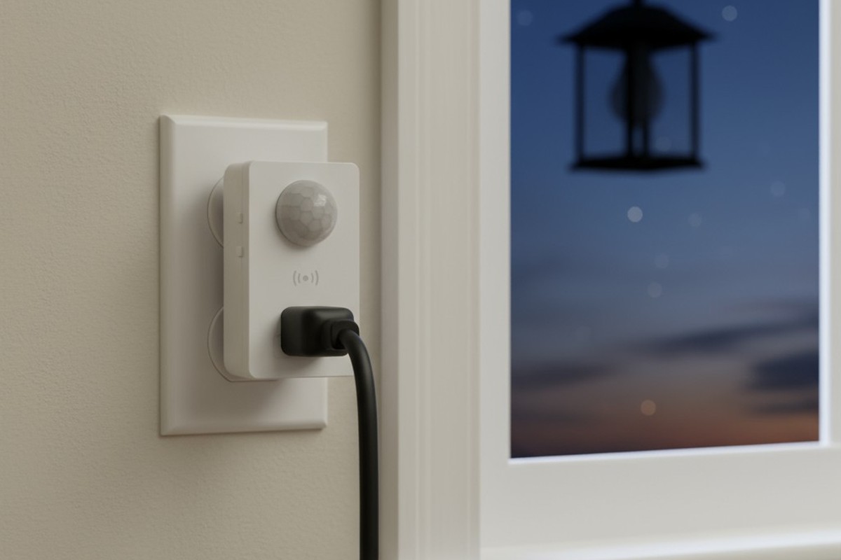 一個白色動作感應器插頭位於窗戶旁的室內牆插座中,連接著一條用於戶外燈的電線,戶外燈目前關閉。