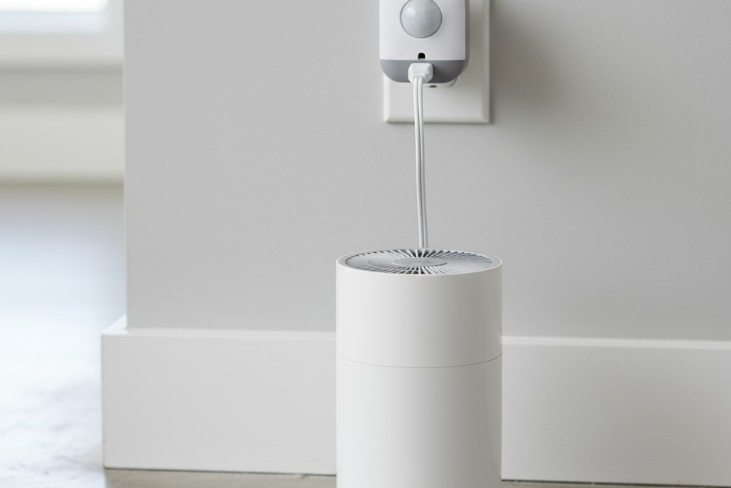 Pengaturan Sensor Gerak dan Pemurni Udara Steker sensor gerak berwarna putih berada di stopkontak dinding dekat lantai, dan sebuah pemurni udara kecil langsung terhubung ke sensor.