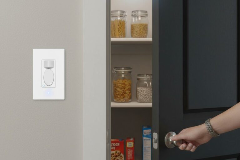 La mano de una persona alcanza un pomo de la despensa, y un interruptor de sensor de movimiento en la pared acaba de encender la luz brillante en el interior.