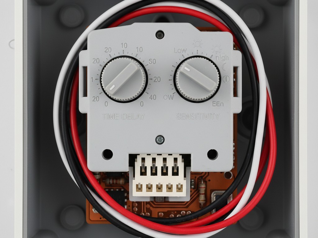Time and Sensitivity Dials on a Sensor Switch A close-up of a motion sensor switch with the faceplate removed, showing small adjustment dials for time delay and sensitivity.