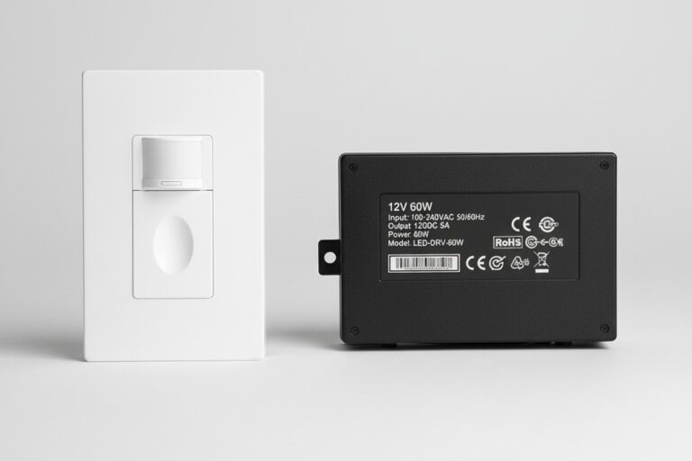 A white motion sensor switch and a black rectangular LED driver power supply are placed side-by-side on a light gray background in a studio product shot.