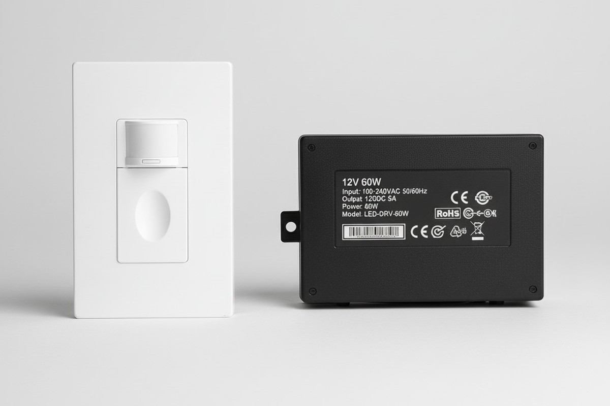 A white motion sensor switch and a black rectangular LED driver power supply are placed side-by-side on a light gray background in a studio product shot.