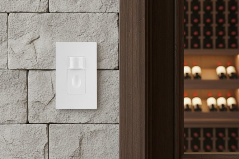 Een bewegingssensor schakelaar is geïnstalleerd op een lichtgrijze steenmuur naast een donkerhouten deuromlijsting, met op de achtergrond een zacht verlichte wijnkelder onscherp in beeld.