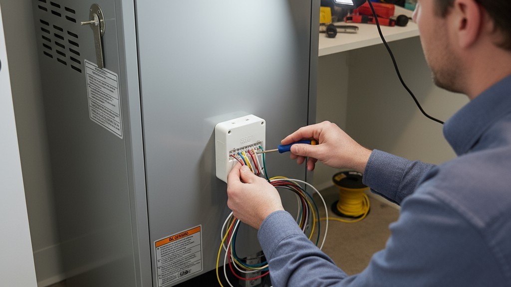 Un técnico de HVAC cableando una pequeña caja de control a los cables de bajo voltaje de un manejador de aire.
